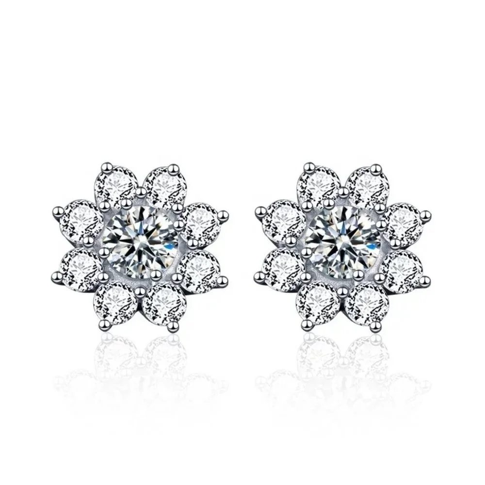 Certified 1ct. t.w. Diamond Flower Earrings 18k White Gold over Italy Silver - Picture 1 of 16